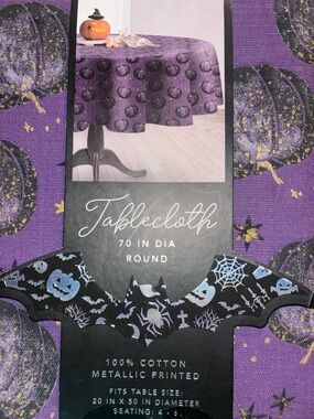 Coterie Studio Round Purple Gold Black Pumpkins Halloween Table Cloth